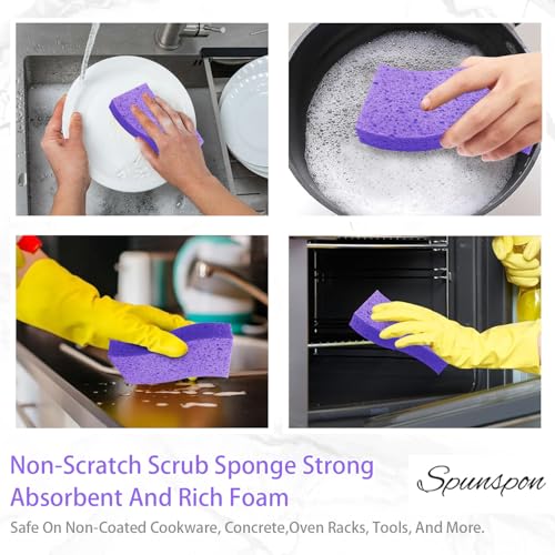 Spunspon S-Shaped Cellulose Scrub Sponges - 6 Pack, Purple Heavy Duty