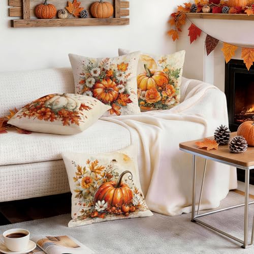 Fall Pillow Covers Set of 4 - 18x18 Inch Pumpkin & Leaves Design