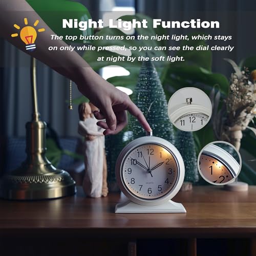 AYRELY 5.5" Vintage Metal Alarm Clock - Silent Retro Desk Clock in White
