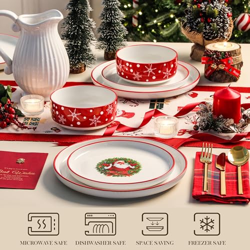 Santa Claus Christmas Dinnerware Set - 12 Pieces Porcelain Plates & Bowls for 4
