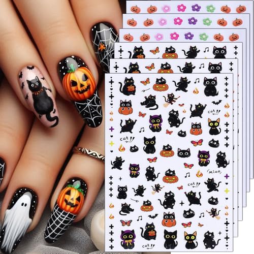 KAICCOSO 6-Sheet Halloween Nail Stickers Self-Adhesive Cat Ghost Pumpkin Decals
