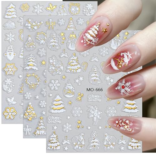 5D Embossed Christmas Nail Stickers Snowflake Winter Decals - 3PCS