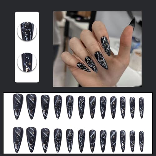 Black Marble Press on Nails Almond Medium Long Acrylic False Nails