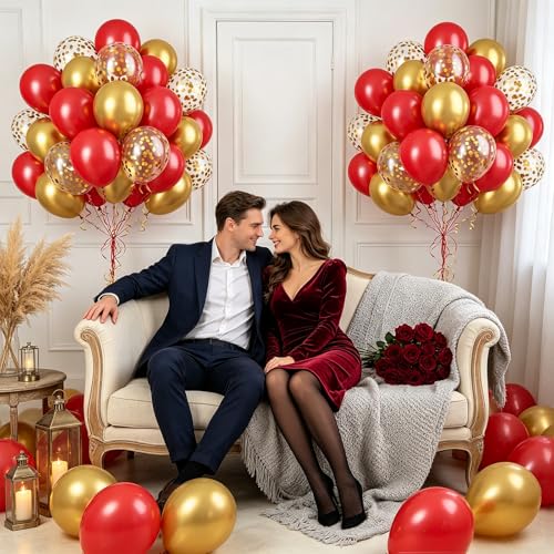 CapLab 68pcs Red & Gold Balloon Arch Kit with Confetti Latex Balloons