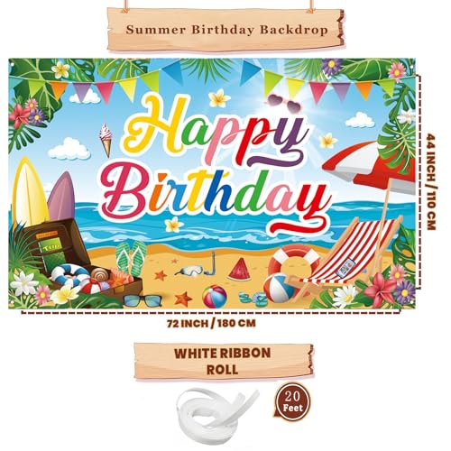 Summer Beach Birthday Backdrop, Tropical Party Decorations Banner 71x43