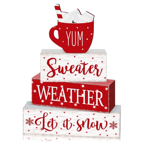 Red Winter Christmas Block Signs Set - 4 Pcs Tabletop Decor with Rustic Farmhouse Charm (Variation: White, Red)