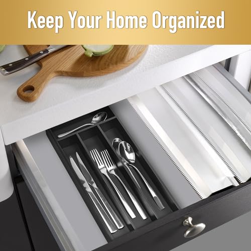 Bamboo Silverware Organizer Tray with 4 Deep Compartments