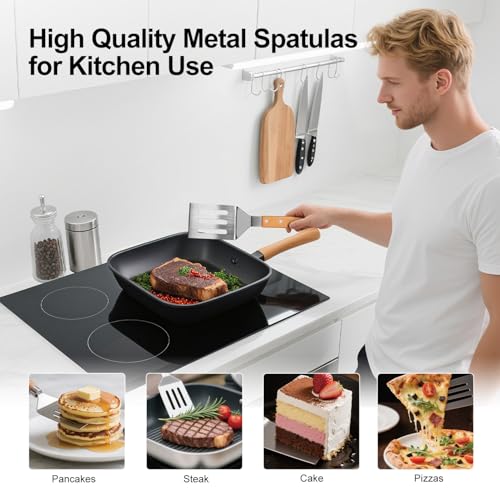 Stainless Steel Spatula Set - 2 Metal Spatulas with Wooden Handle for Cooking