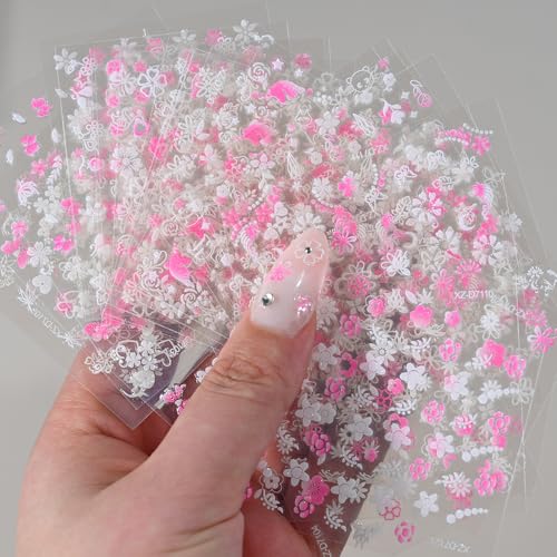 30 Sheet Pink & White Flower Nail Stickers 3D Floral Butterfly Decals