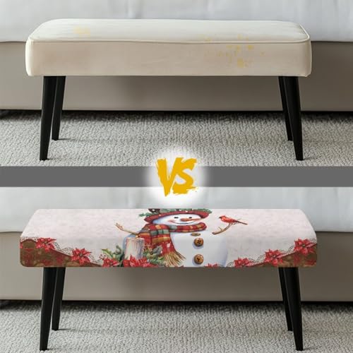 Christmas Snowman Bench Cover Slipcover - Washable Red Holiday Decor for Dining & Kitchen Benches