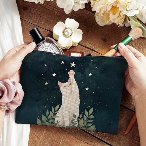 Starry Night Cat Makeup Bag Whimsical Linen Cosmetic Pouch