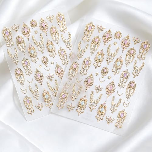 Porszova 3D Embossed Gold Gemstone Nail Stickers - 2 Sheets