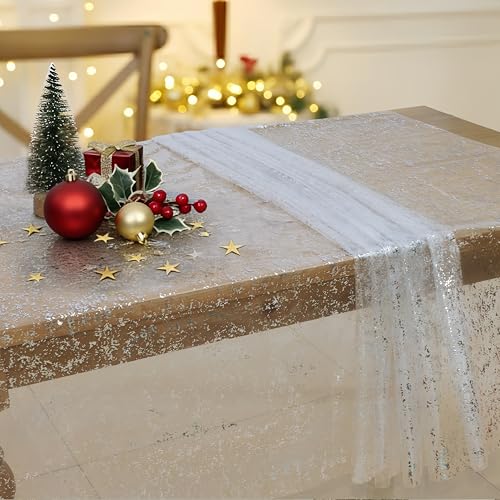 Elegant White & Silver Glitter Tulle Tablecloth 58x84 Inch