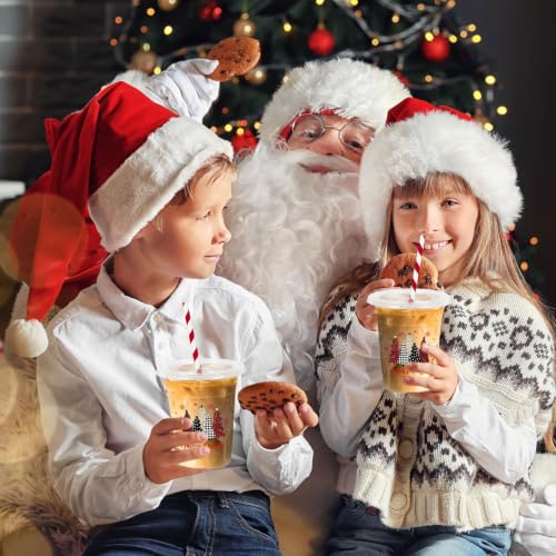 Christmas Tree Plastic Cups with Lids & Straws - Red & Black Holiday Party Supplies - 12oz - Variation of THIS listing