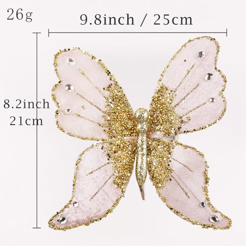 Pink Glitter Butterfly Christmas Ornament with Clip