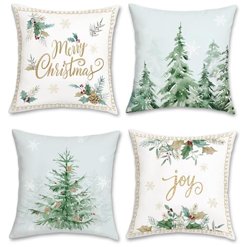 Bonhause Christmas Tree Throw Pillow Covers 18x18, Set of 4 Velvet Xmas Decor