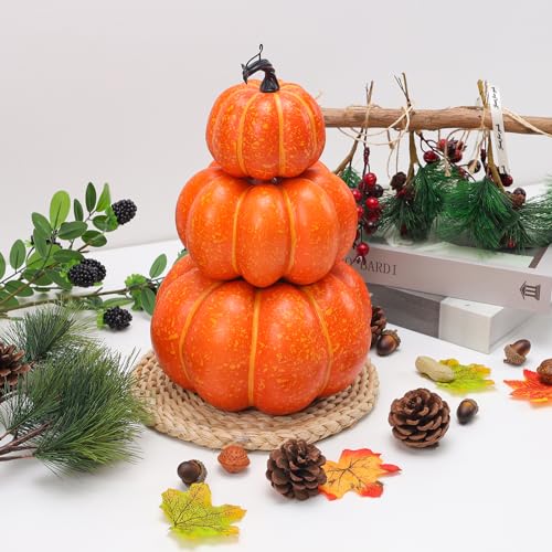 Artificial Orange Pumpkin Tower - Autumn Fall Decor, 11.4 Inch, Variation A