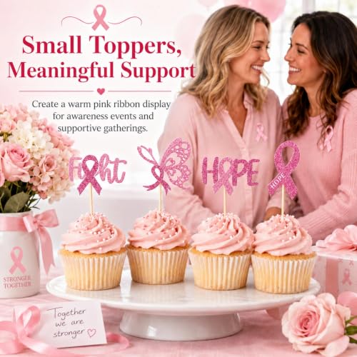 Pink Ribbon Breast Cancer Awareness Cupcake Toppers - 12 Pcs