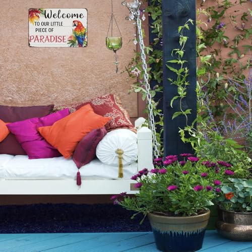 Welcome to Our Little Piece of Paradise Tropical Tin Sign - 8x12 Inch