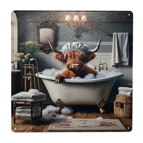 Rustic Highland Cow Bath Vintage Metal Tin Sign Wall Art