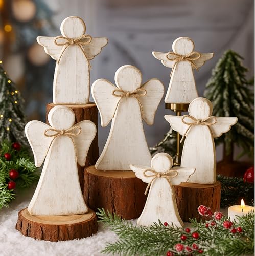 Christmas Angel Wooden Centerpiece Set - Rustic Farmhouse Holiday Decor - 6 Pieces, Variation: Angel
