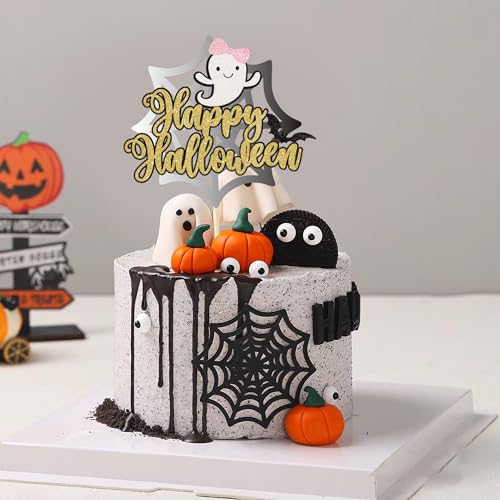 Happy Halloween Glitter Cake Topper - Spooky Ghost & Bat Cake Pick