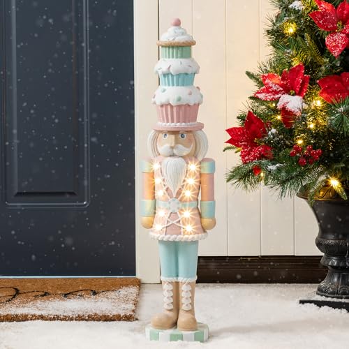 Christmas Porch Decor Nutcracker with Macaron Hat & Lighted Cupcake, 28"
