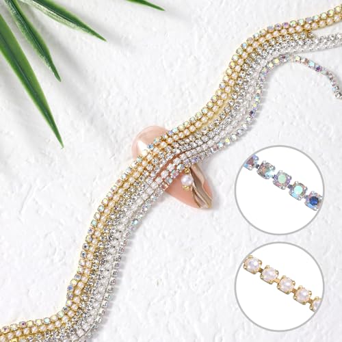 Macuezu Rhinestone Nail Chains Metal Pearl Charms for Manicure Art 6 Pcs