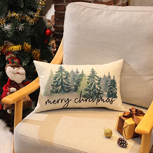 Rustic Christmas Pillow Cover 12x20, Dark Green Watercolor Forest Print