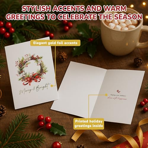 24 Pack Gold Foil Watercolor Christmas Cards with Envelopes
