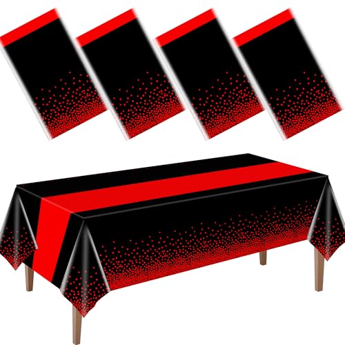 4-Pack Black and Red Disposable Tablecloths - 54 x 108 Inch Party Decor