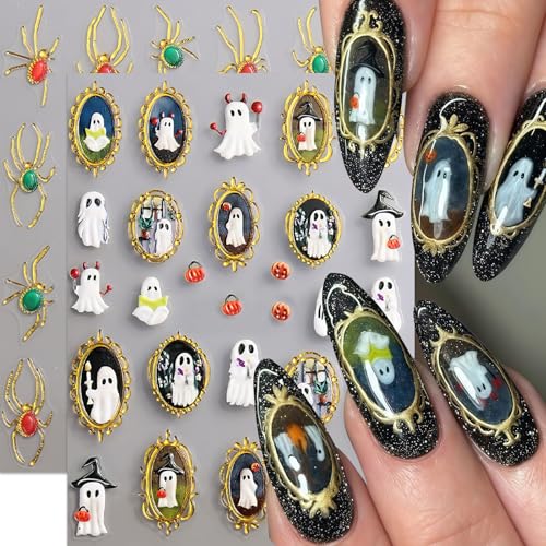 5D Halloween Nail Stickers Ghost Spider Web Self-Adhesive Decals 2Pcs