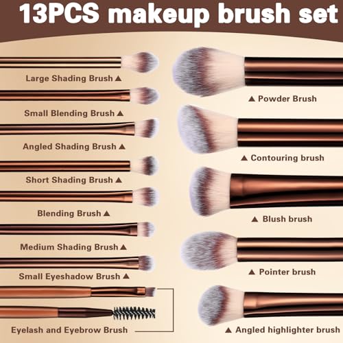 13-Piece Brown Professional Makeup Brush Set with Synthetic Bristles