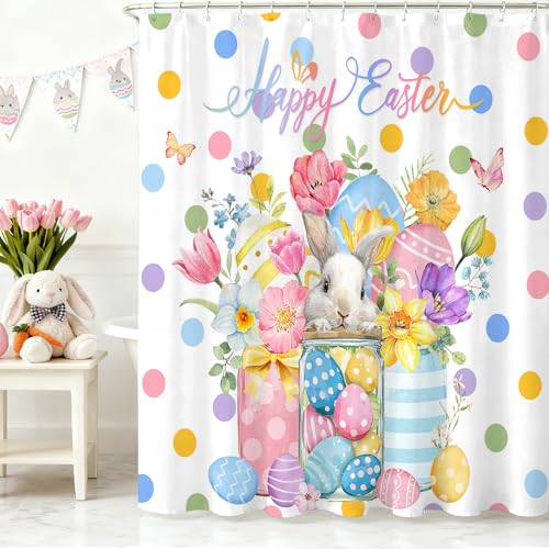 Easter Shower Curtain 72x72 Inch - Cute Bunny & Colorful Eggs