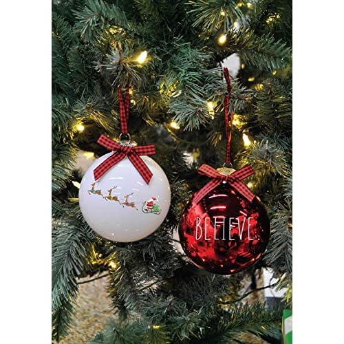 Rae Dunn Christmas Ornaments - Set of 2 Glass Balls - 100mm / 3.94 Inch Large Hanging Holiday Decorations for Xmas Tree Believe