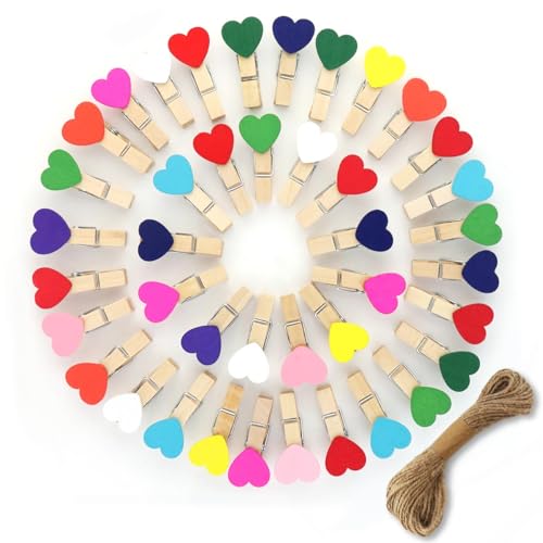 80 Mini Heart Clothespins with Jute Twine - Colorful Wooden Clips for Crafts