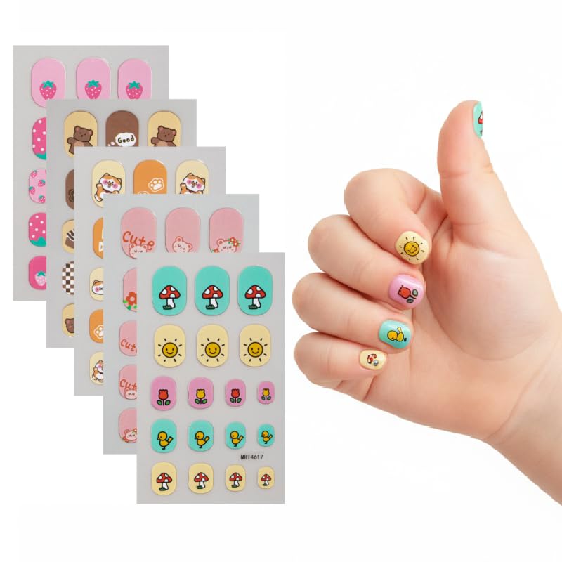 SUMINGGO Kids Nail Stickers - Cute Animal & Fruit Peel-and-Stick Decals, 5 Sheets