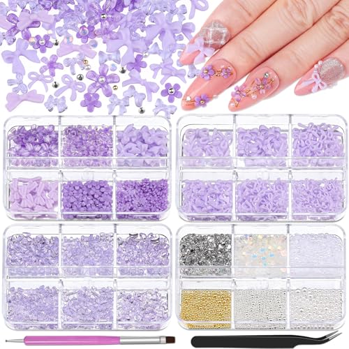 3D Bow & Flower Nail Charms Kit with Rhinestones and Pearls, 4 Boxes