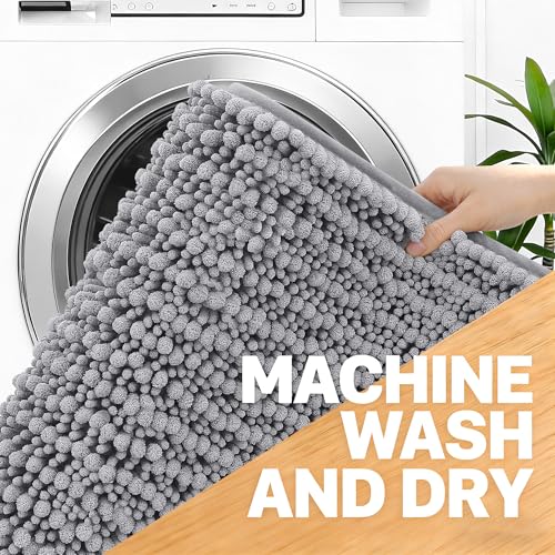 OLANLY 24" x 16" Grey Chenille Bath Rug - Soft, Absorbent Non-Slip Mat