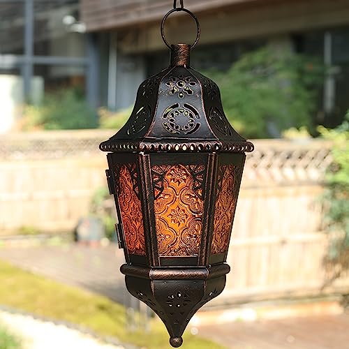 NEEDOMO Amber Moroccan Lantern 13.5-Inch Vintage Metal Candle Holder with Chain