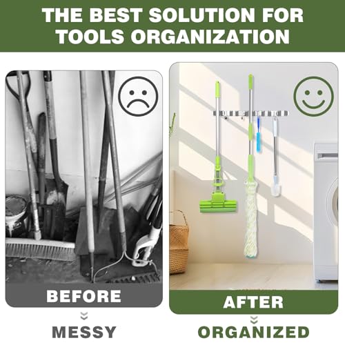 UNIFUN Stainless Steel Broom Holder Wall Mount with 5 Racks & 4 Hooks