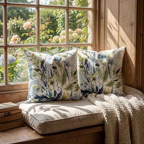 Sage Green Floral Velvet Throw Pillow Covers 18x18 - Set of 2
