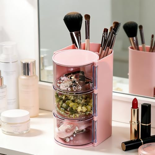 3-Layer Rotating Hair Accessories Organizer - Pink Brush Holder