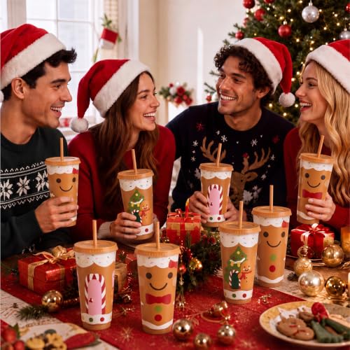 24 oz Christmas Cups with Lids & Straws - Gingerbread Style, 24 Pieces