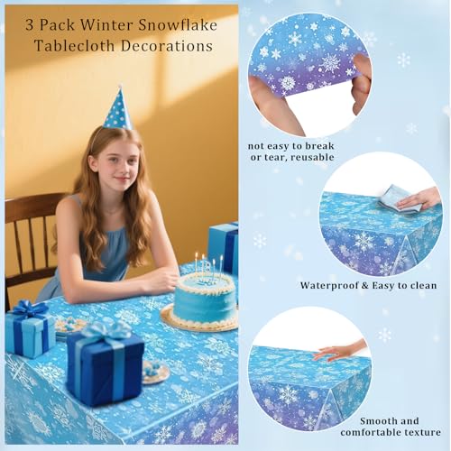 Winter Snowflake Plastic Tablecloth Set for Holiday Parties - Blue & Purple, 3 Pack