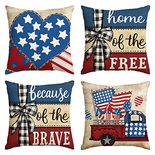 Buffalo Plaid Throw Pillow Covers - Set of 4, 18x18 Inch, Patriotic Design