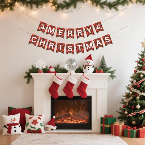 Pre-Strung Merry Christmas Banner - Red & Black Check Decoration