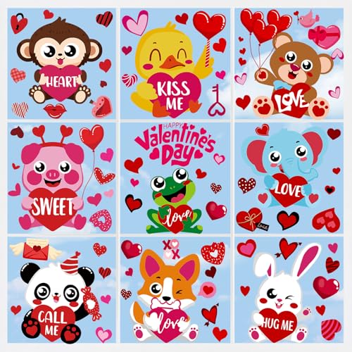 DULEFUN 9 Sheets Valentine's Day Window Clings - Double-Sided Animal Love Hearts