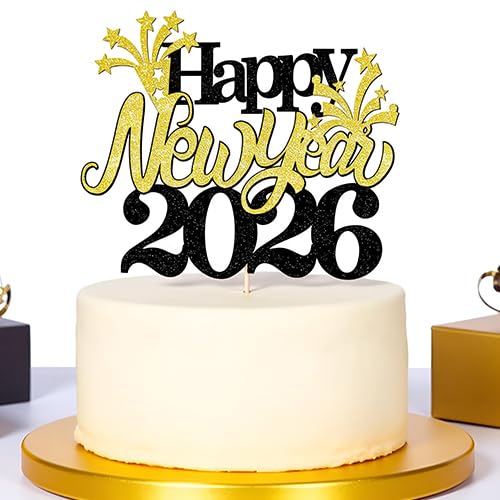 Happy New Year 2026 Cake Topper with Glitter Stars - Party Decor