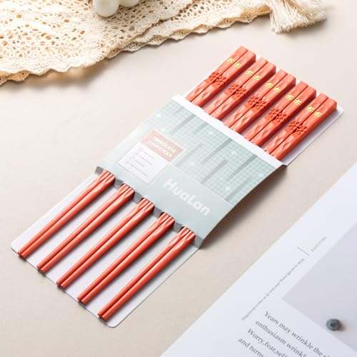 HuaLan Reusable Fiberglass Chopsticks Set - 5 Pairs, 9.5" Non-Slip, Dishwasher Safe, Orange